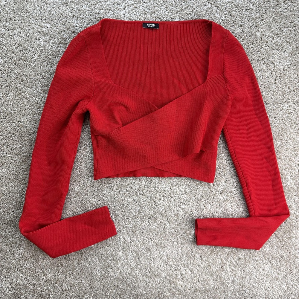 Express Shirt Womens XS Red Body Contour Ribbed Knit Long Sleeve Cropped Top